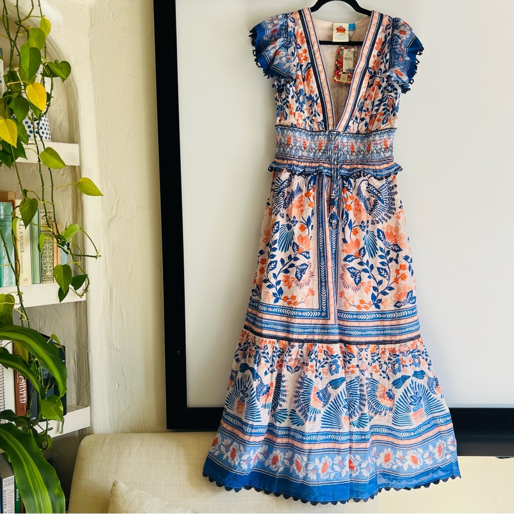 FARM Rio x Anthropologie V-Neck Maxi Dress Size Small NWT Blue Orange Bird Print - Picture 12 of 13